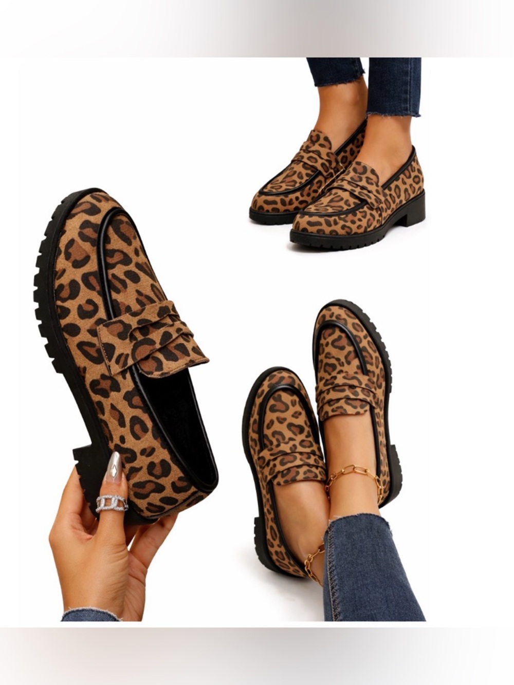 Leopard Print Chunky Lug Sole Loafers Slip On Penny Loafer Flats Casual Trendy 7 - Picture 5 of 6